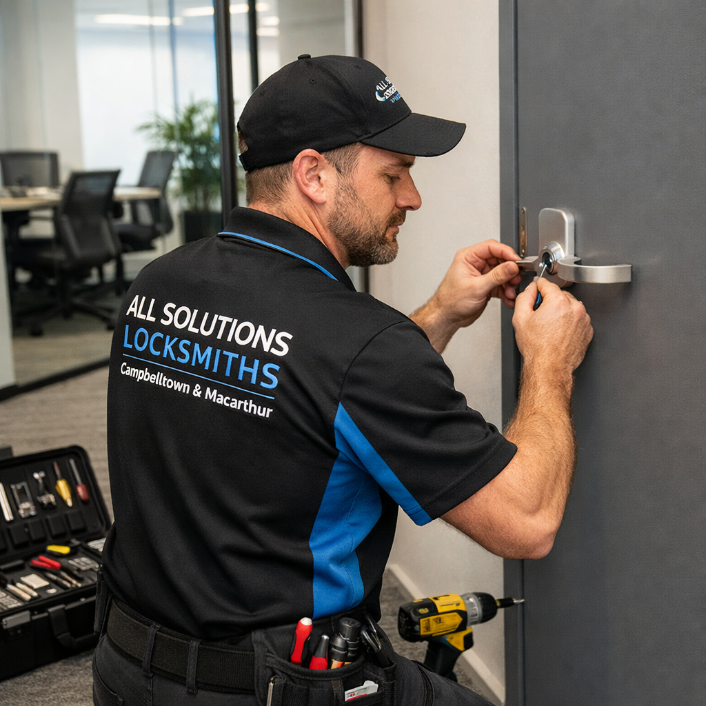 Commercial locksmith in Campbelltown from All Solutions Locksmiths repairing an office door lock for a local business