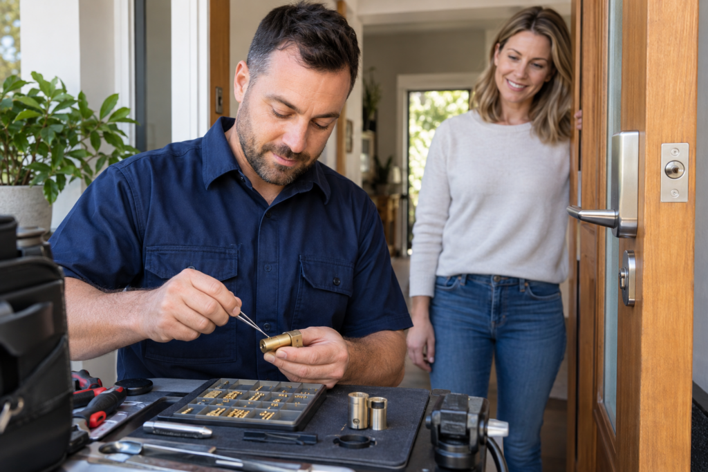 Locksmith rekeying a front door lock for a new homeowner in Campbelltown